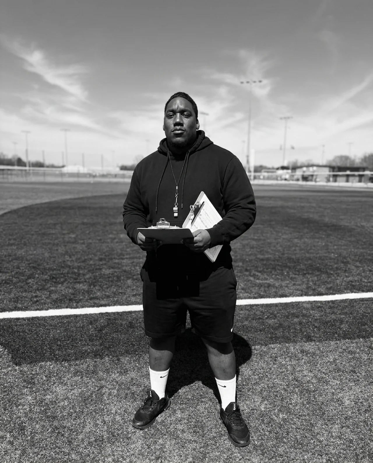 Coach Kevin Taul on the field with clipboard