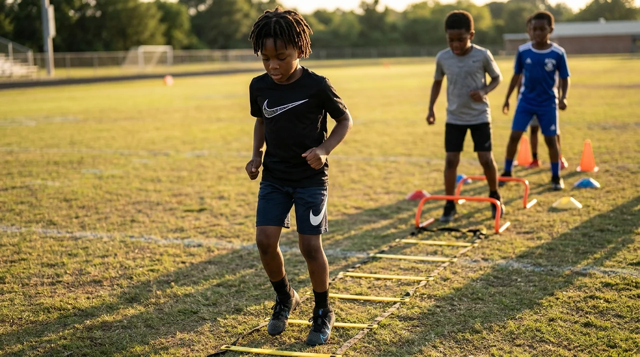 Young athletes working through a ladder drill at sunset